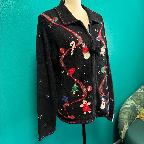 Erika Vintage Black Zip Christmas Gingerbread Snowman Knit Sweater Medium - Picture 2 of 13